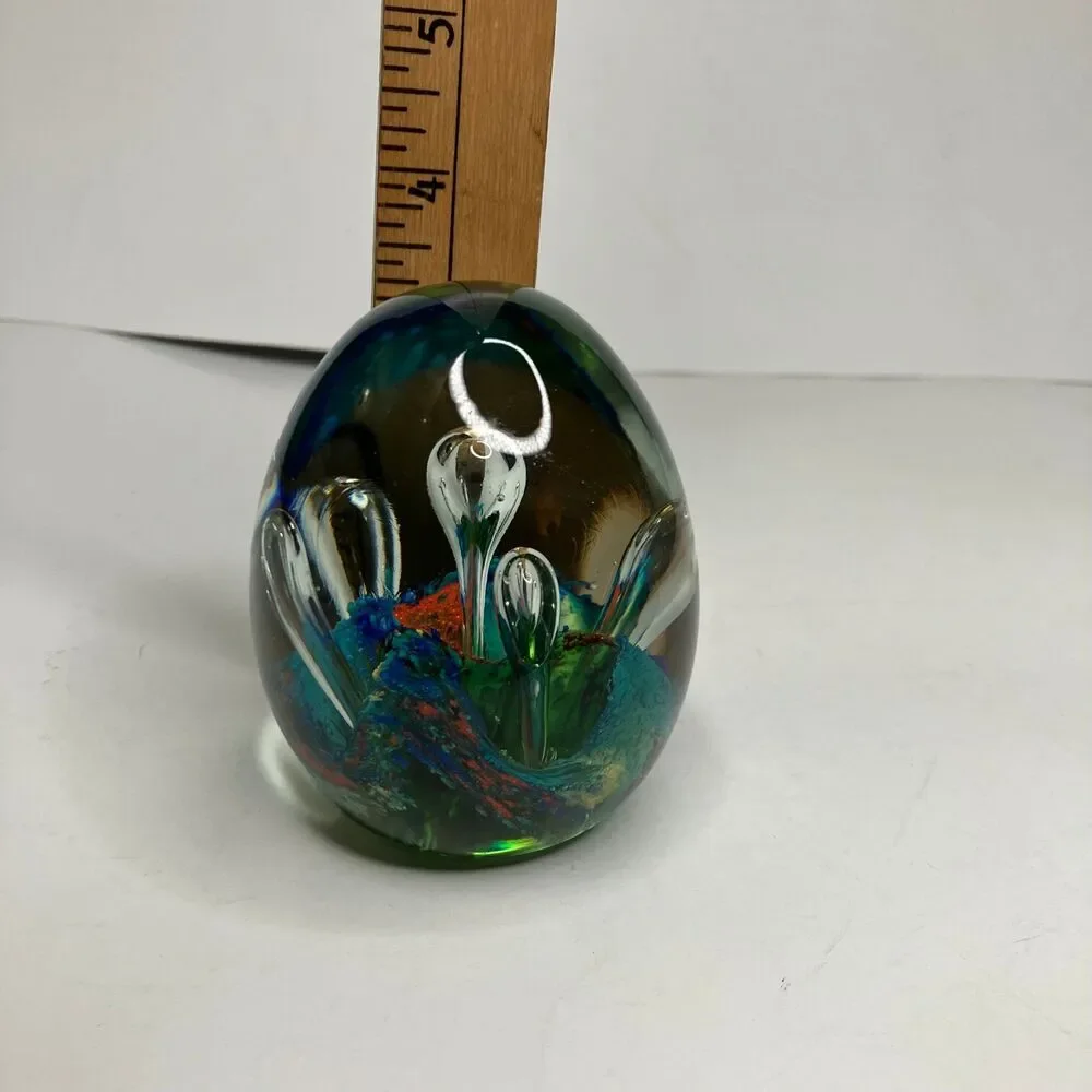 Vintage Art Glass Paperweight Hand Blown Controlled Bubbles Colorful Egg Shaped